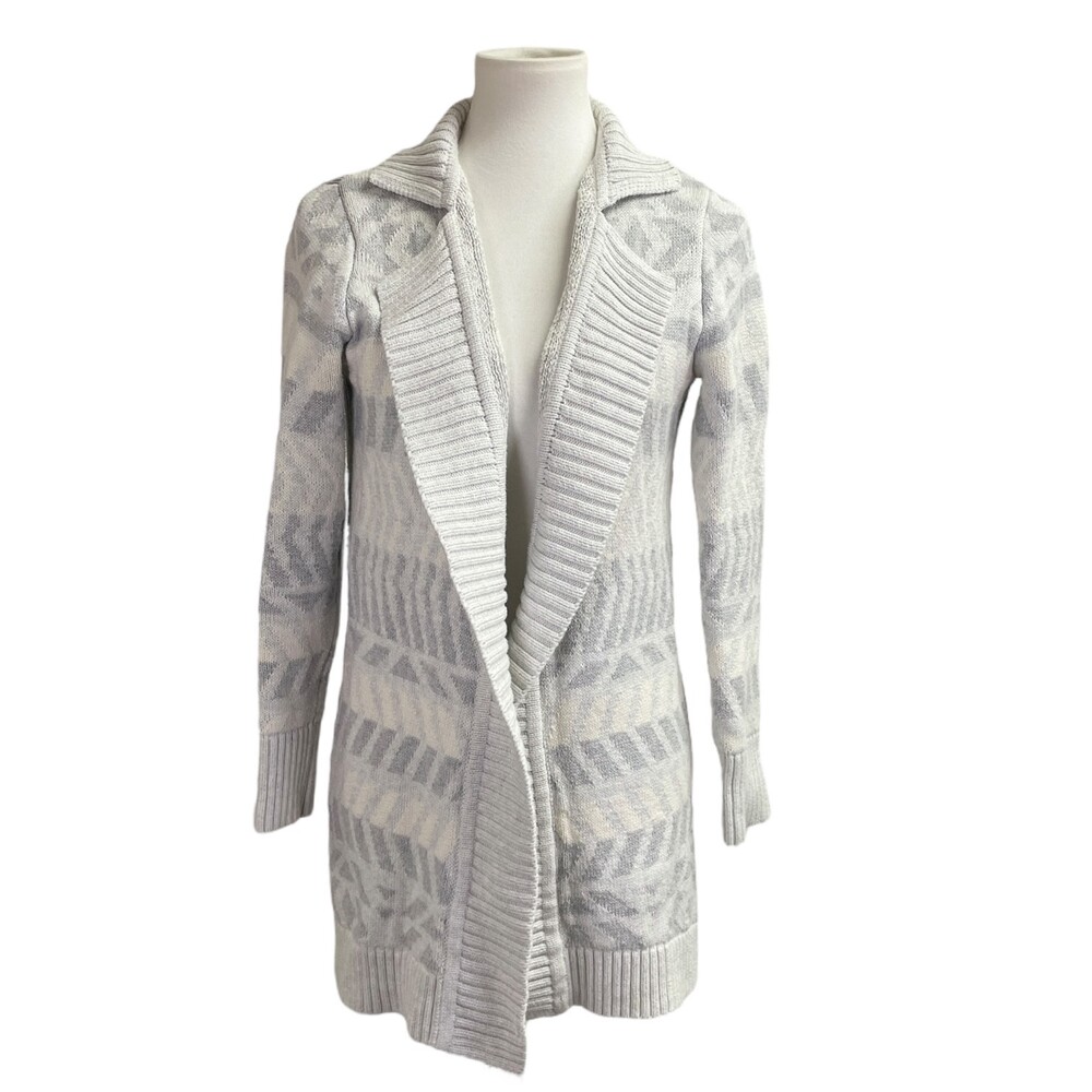 GAP Patterned Shawl Collar Long Open Front Duster Cardigan. Gray Grey Cream Warm